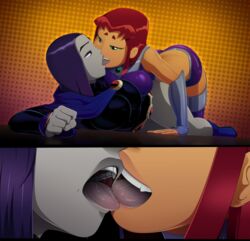 2girls alternate_breast_size ass ass_cleavage ass_up big_breasts breast_press breast_squish breasts butt_crack cleavage clothed dc female female_only french_kiss french_kissing green_eyes grey_skin kissing large_breasts lesbian looking_at_another open_mouth orange_skin purple_eyes purple_hair rachel_roth raven_(dc) ravenravenraven red_hair saliva smooth_skin starfire teen_titans teeth tongue tongue_out yuri