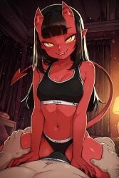 ai_generated before_sex black_bra black_panties demon demon_girl fat_ass female femdom grinding grinding_on_penis grinding_through_clothes horns humping meru_(merunyaa) meruccubus_(merunyaa) miragetheone oni oni_female oni_horns red_skin solo sports_bra sports_panties succubus tail teasing thigh_grab ugly_bastard ugly_man