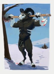 2020 anthro balls bodily_fluids bovid caprine curved_horn digital_media_(artwork) fur genital_fluids genitals goat hair hi_res holding_object holding_weapon horn looking_at_viewer male male_only mammal melee_weapon nude outside penis precum rele snow soft solo standing tree weapon zoke