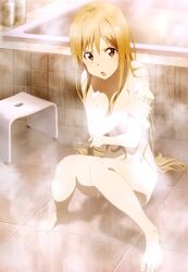 1girls angry arms barefoot bath cleavage covering covering_breasts edit embarrassed embarrassed_nude_female enf fanservice feet female female_only highres legs long_hair looking_at_viewer naked nipples nude official_art orange_eyes orange_hair solo steam sword_art_online tagme thighs water yuuki_asuna