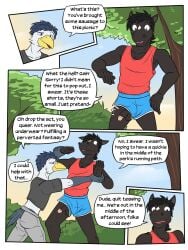 3:4 accident accidental_exposure anthro athletic_wear avian balls balls_through_leghole beak bird bite biting_lip biting_own_lip black_body black_hair border bottomwear bulge clothed clothed_anthro clothed_male clothing comic diamond_(marking) duo english_text equid equine eyebrows feathers flirting fully_clothed fully_clothed_anthro fully_clothed_male fuze genitals hair hi_res homophobic_slur horse james_oliver looking_at_genitalia looking_at_penis male male/male male_anthro mammal markings midriff mullet offering_sex outside pants partially_clothed_anthro partially_clothed_male penis penis_poking_out penis_through_leghole plant public public_exposure raised_eyebrow sam_jackson self_bite shirt shorts speech_bubble sweatpants tank_top teasing texnatsu text topwear tree wardrobe_malfunction white_body white_border white_feathers wrist_grab