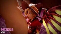 1boy 1girls 3d animated big_breasts blender blizzard_entertainment blonde_hair blowjob cleavage clothed_female_nude_male deesee3d fellatio female looking_at_penis mercy no_sound nude oral overwatch video wings witch_hat witch_mercy