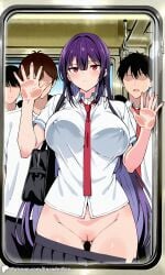 1girls ai_generated bottomless breasts covered_nipples crowd encoder female glass haitekudasai_takamine-san large_breasts long_hair naked naked_female no_panties no_underwear nude nude_female outdoors pressed_against pressed_on_glass pressing_breasts public public_exposure public_nudity pulling_clothing pussy school_uniform skirt skirt_down subway takamine_takane tie train uncensored vagina white_shirt window