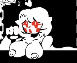 big_breasts black_and_white breasts breasts_out chara chara_(undertale) handjob_gesture inviting_to_sex monochrome pixel_art red_cheeks red_eyes red_face seductive_look smile smiling undertale undertale_(series)