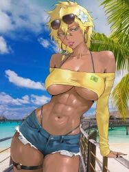 1girls 3:4 abs absurd_res absurdres alternate_version_available arrancar background_edit bare_shoulders beach beach_background big_breasts bikini_bottom_under_shorts bikini_under_clothes bion_(insomn_bion) bleach bleach:_the_thousand-year_blood_war blonde_hair brazilian brazilian_female brazilian_flag brazilian_miku_(cosplay) breasts candy collarbone colored_eyelashes cosplay crop_top dark-skinned_female dark_skin earrings espada female female_only fit fit_female flower flower_in_hair food green_eyes hair_flower hair_ornament hi_res high_leg_thong high_resolution highres hoop_earrings hotpants huge_breasts insomn_bion insomniaboin jeans_shorts jewelry large_breasts lollipop lollipop_in_mouth looking_at_viewer medium_hair muscular muscular_female navel off_shoulder png railing shiny_skin short_hair short_shorts shorts skimpy skimpy_clothes solo sunglasses sunglasses_on_head tan-skinned_female tan_body tan_skin thigh_strap thighs third-party_edit thong thong_straps tia_harribel tier_harribel tomboy toned toned_female underboob vocaloid white_background