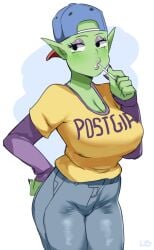 1girls 2019 backwards_baseball_cap big_breasts black_eyes blush clothing dragon_ball dragon_ball_z female female_only green_skin hand_on_hip hi_res lightsource lollipop_in_mouth looking_at_viewer namekian piccolo pointy_ears rule_63 solo text_on_clothing white_background