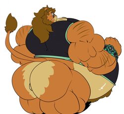 anthro anus belly big_belly big_muscles blush bobert bodily_fluids bottomless clock clothed clothing drake_(bobert) eyewear felid huge_muscles hyper hyper_muscles lion male male_only mammal musclegut muscles muscular pantherine rear_view simple_background sunglasses sweat sweatshirt watch white_background wristwatch