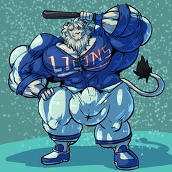 1:1 anthro balls baseball_bat bat_(object) big_balls big_bulge big_muscles big_penis bobert bottomwear bulge clothing felid footwear fur genitals hi_res holding_object huge_balls huge_bulge huge_cock huge_muscles hyper hyper_balls hyper_bulge hyper_genitalia hyper_muscles hyper_penis lion male male_only mammal muscles muscular pantherine pants penis shoes smile text white_body white_fur