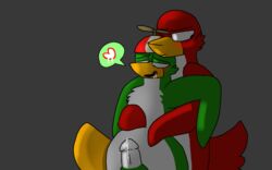 2boys anthro club_penguin cum_drip drool green_fur jet_pack_guy_(club_penguin) looking_at_penis looking_to_the_side pleasure_face red_fur rookie yaoi