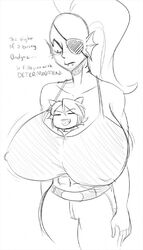 1boy 1girls between_breasts blush duo eye_patch frisk giantess gigantic_breasts huge_breasts macro_female micro_in_cleavage micro_male micro_on_macro mindwipe nipple_bulge person_between_breasts size_difference undertale undyne