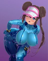 1girls alternate_breast_size alternate_outfit blue_eyes blush bodysuit breasts brown_hair cosplay crossover domoipetti erect_nipples female female_only hat huge_breasts human human_only long_hair metroid nintendo nipple_bulge one_eye_closed pokemon pokemon_bw2 pose purple_background rosa_(pokemon) samus_aran_(cosplay) solo thick_thighs thigh_gap tight_clothing tight_suit twintails wide_hips zero_suit