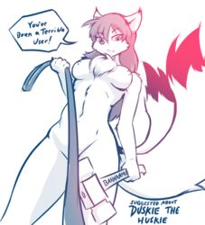 alylah_sunimha breasts canid canine canis duskiethehuskie felid feline female hair hybrid leash lendthought_(artist) lynx mammal nipples reaction_image solo wolf