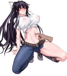 arms_behind_back asymmetrical_clothes belly_poke black_eyes black_hair blush breasts cutoffs denim disembodied_hand erect_nipples erect_nipples_under_clothes female kanzaki_kaori large_breasts navel navel_poke nipples pokies see-through see-through_clothing see-through_shirt shirt sidelocks single_pantsleg spread_legs squatting tied_hair to_aru_majutsu_no_index white_shirt yeklsa