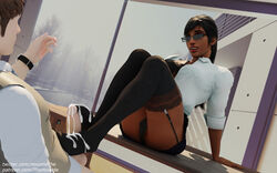 1boy 1girls 3d balls big_breasts black_hair black_legwear black_panties black_thighhighs blender breasts brown_skin clothed clothed_female cum cum_on_feet cum_on_legwear cumdrip dark-skinned_female dark_skin egyptian erection feet female footjob footjob_with_legwear glasses heeljob interracial large_breasts light-skinned_male light_skin looking_at_another male miniskirt open_mouth overwatch panties penis pharah sitting_on_table testicles thehounde thighhighs unbuttoned_shirt