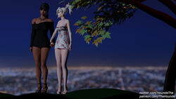 2girls 3d black_dress black_hair blender blonde_hair choker cityscape clothed cute dark-skinned_female heels holding_hands looking_at_partner mercy overwatch pale-skinned_female pharah thehounde tree