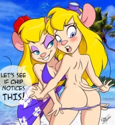 2girls aeolus06 anthro ass assisted_exposure beach big_ass bikini bikini_top blonde_hair blue_eyes blush breasts chip_'n_dale_rescue_rangers dat_ass dimples_of_venus disney duo edit english_text eyelashes eyeshadow female female_only flower flying_sweatdrops furry gadget_hackwrench goggles hair_flower lahwhinie large_breasts long_hair makeup mammal mouse mouse_ears mouse_tail multiple_females open_mouth outdoors palm_tree panties_down pantsing panty_pull pink_nose purple_bikini purple_eyes rodent sarong seaside sideboob signature speech_bubble standing surprised tail text wide_hips yuri