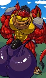 3:5 anthro armor balls big_balls big_bulge big_penis black_hair blush bobert bobert_(character) bodily_fluids brown_hair bulge clothing cloud crush day dragon genitals hair hi_res huge_balls huge_bulge huge_cock hyper hyper_balls hyper_bulge hyper_genitalia hyper_penis looking_at_viewer lutrine male male_only mammal muscular mustelid penis scarf size_difference sky sweat sweatdrop underwear wings