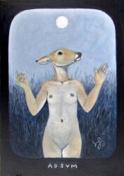 acrylic_painting_(artwork) andibi anthro areola black_nose breasts collarbone deer featureless_crotch female fur grass hi_res looking_up mammal moon navel nipples nude outside painting_(artwork) pinup plant pose sky solo standing tall_grass tan_body tan_fur tasteful tasteful_nudity traditional_media_(artwork) white_body white_fur