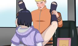 1boy 1girls blonde_hair blue_hair blush bob_cut boots boruto:_naruto_next_generations closed_eyes clothing couple feet_up female footwear fully_clothed hyuuga_hinata indoors inside_view jacket legs_held_open legs_up male male_penetrating mature mature_female milf naruto naruto_(series) open_mouth open_toe_shoes orgasm orgasm_face penetration rantuahelax sandals sex straight table table_sex toes uzumaki_naruto whisker_markings whiskers yellow_hair