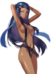 1girls abs alternate_breast_size alternate_outfit armpits arms_behind_head arms_up ass bare_arms bare_shoulders belt belt_buckle black_hair black_swimsuit blue_eyes blue_hair blush breasts buckle cleavage cosplay cowboy_shot dark-skinned_female dark_skin earrings eye_contact eyeshadow female forehead gym_leader half-closed_eyes highres hoop_earrings human human_only jewelry kasumi_(pokemon)_(cosplay) long_hair looking_at_viewer makeup moroes multicolored_hair navel nessa_(pokemon) nintendo parted_lips plain_background poke_ball pokemon pokemon_ss simple_background sling_bikini smile solo stomach swimsuit tagme the_electric_tale_of_pikachu thighs two-tone_hair very_long_hair white_background