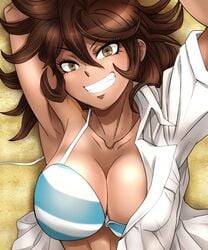 1girls armpits arms_above_head arms_up beach big_breasts bra breasts brown_eyes brown_hair cleavage collarbone danganronpa danganronpa_2:_goodbye_despair danganronpa_s:_ultimate_summer_camp dark-skinned_female dark_skin eager female female_only grin grinning human human_only large_breasts looking_at_viewer lying_on_back open_clothes open_shirt owari_akane pov pov_eye_contact shirt_open smile smiling smiling_at_viewer smooth_skin solo solo_female super_danganronpa_2 untied untied_bikini untied_bikini_top wholesome