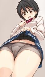 :d black_hair blush bow bowtie boyshorts brown_eyes cameltoe embarrassed eyebrows_visible_through_hair female female_focus female_only from_below gin_(ginshari) hips legs_together lifted_by_self looking_at_viewer looking_down open_mouth original original_character pleated_skirt school_uniform schoolgirl short_hair simple_background skirt skirt_lift smile solo sweat sweatdrop tomboy very_short_hair