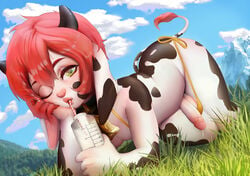 1boy anthro bikini black_horns bovid bovine cattle cowbell drink drinking erection femboy furry girly grass green_eyes head_rest heart looking_at_viewer lying male male_only one_eye_closed outdoors penis picturd pink_hair pose precum short_hair solo straw thick_thighs thighs trap two_tone_fur yellow_bikini