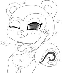 :3 animal_crossing anthro black_and_white breasts female genitals heart hi_res mammal monochrome nintendo nude pecan_(animal_crossing) pussy rodent sciurid simple_background simski slightly_chubby solo tongue tongue_out video_games white_background