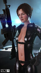 3d assault_rifle bodysuit breasts brown_hair busty cleavage deep_cleavage female female_focus female_only fit fit_female freckles gloves green_eyes gun hitman hitman_absolution hourglass_figure long_hair m4 navel pinup pose posing rifle skin_tight slim slim_girl small_breasts standing suppressor tied_hair victoria_burnwood weapon wide_hips zly