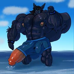 1:1 anthro balls big_balls big_muscles big_penis black_body black_fur black_hair bobert bodily_fluids boxers_(clothing) bracelet clothing cloud cum day ejaculation erection flexing fur genital_fluids genitals hair hi_res huge_balls huge_cock huge_muscles hyper hyper_balls hyper_genitalia hyper_muscles hyper_penis jewelry looking_at_viewer male male_only mammal muscular nipples partially_submerged penis rodent sciurid sky smile underwear vincent_(bobert) wardrobe_malfunction