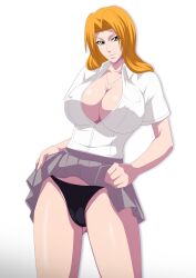 1girls bleach breasts female lime_(purple_haze) long_hair looking_at_viewer matsumoto_rangiku nipples_visible_through_clothing orange_hair panties school_uniform schoolgirl skirt skirt_lift solo unbuttoned_shirt underwear white_shirt