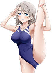 1girls blue_eyes clothing competition_swimsuit eye_contact female_only grey_hair leg_up looking_at_viewer love_live! love_live!_sunshine!! miel one-piece_swimsuit short_hair swimsuit tagme thighs