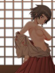 1girls breasts brown_hair chemical-x color covering female hakama japanese_clothes miko open_clothes open_shirt sayonara_zetsubou_sensei shirt short_hair shouji sliding_doors solo topless tsunetsuki_matoi underboob undressing