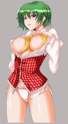 1girls ascot breasts female grey_background hands_on_own_chest large_breasts no_pants open_clothes open_shirt panties plaid plaid_vest shirt side-tie_panties solo standing touhou underwear untied youkai yueshiro_kou yuka_kazami