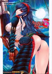 arched_back ass background bent_over big_ass big_breasts breasts capcom color female female_only fishnets forest headband kizuki_aruchu large_breasts long_hair looking_back monster_hunter moon nargacuga_(armor) nature night open_mouth outdoors pussy_juice red_eyes solo tree wet