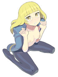 breasts clothing glasses kneeling long_hair namaeha_(pixiv77217) open_clothes open_shirt panties panties_under_pantyhose pantyhose perrine_h._clostermann pomelocandy shirt small_breasts strike_witches underwear world_witches_series yellow_eyes