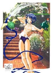 blue_eyes blue_hair bob_cut buruma hose jpeg_artifacts love_hina maehara_shinobu no_pants one-piece_swimsuit school_swimsuit see-through shinobu_maehara short_hair splash splashing swimsuit swimsuit_under_clothes t-shirt tama tama_(love_hina) turtle water watering_can wet wet_t-shirt wink yo-ryo