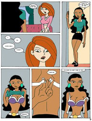 2girls bra cleavage comic disney disney_channel english_text female female_only guess_whos_coming human karmagik kim_possible kimberly_ann_possible large_breasts monique_(kim_possible) multiple_girls page_5 shirt_lift short_skirt straight_hair text