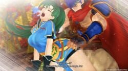 3d blue_hair breasts chobixpho closed_eyes clothed_sex earrings english_text fire_emblem fire_emblem:_path_of_radiance fire_emblem:_radiant_dawn fire_emblem:_the_blazing_blade from_behind green_hair ike_(fire_emblem) large_breasts large_thighs lyn_(fire_emblem) nintendo open_mouth source_request straight text thick_thighs thighs waist waist_grab