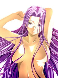 1girls akai_migiwa aoi_nagisa_(artist) armpits arms_up breasts bust censor_hair censored cleavage convenient_censoring fate/stay_night fate_(series) female glasses hair_over_breasts highres long_hair looking_at_viewer medusa_(fate) nude nude_female purple_eyes purple_hair solo topless type-moon very_long_hair white_background