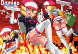 blonde_hair boots breasts cabbie_hat clone clothes clothes_writing crossover domino's_pizza domino_(pokemon) drill_hair explosion female flower food hat hot_air_balloon human human_only jetpack multiple_females namesake nintendo panties pantyshot parody pizza pokemoa pokemon pokemon_(anime) pokemon_gsc product_placement pun purple_eyes team_rocket thigh_boots thighhighs underwear uniform upskirt yuri