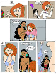 3girls ann_possible bonnie_rockwaller breasts cleavage comic disney disney_channel female female_only guess_whos_coming human james_timothy_possible karmagik kim_possible kimberly_ann_possible monique_(kim_possible) multiple_girls nipples page_7 straight_hair strap-on