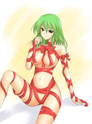 1girls breasts female green_hair kirisaki_byakko kitsunebi naked_ribbon nude red_eyes ribbon ribbons sitting slender_waist smile solo touhou youkai yuka_kazami