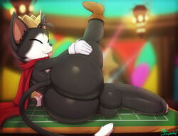 1boy 1male 2020 absurd_res anthro anthrofied ass backsack balls big_ass big_balls big_butt big_penis black_body black_fur black_penis blurred_background bottom_heavy cait_sith_(ff) cape casino cat_sìth celtic_mythology closed_eyes clothing crown digital_media_(artwork) erection european_mythology fat_ass felid feline femboy final_fantasy final_fantasy_vii footwear foreskin fur furry furry_only genitals gloves handwear hi_res huge_ass huge_balls huge_butt huge_cock humanoid_genitalia humanoid_penis hyper hyper_butt hyper_genitalia hyper_penis large_penis leg_up male male_only mammal miso_souperstar mostly_nude mythology one_leg_up penis raised_leg signature small_but_hung solo solo_male square_enix teapot_(body_type) teeth thick_penis thick_thighs tongue tongue_out tusks video_games white_body white_fur