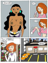 3girls ann_possible breasts comic dildo disney disney_channel english_text female female_only guess_whos_coming human karmagik kim_possible kimberly_ann_possible monique_(kim_possible) multiple_girls nipples page_6 straight_hair text