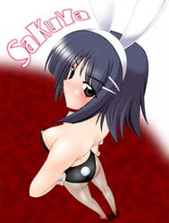 animal_ear black_hair brown_eyes bunny_ear bunnysuit down_blouse fishnet_pantyhose fishnets from_above from_behind hakkai hayate_no_gotoku! high_heels looking_back nipple_slip nipples pantyhose sakuya_aizawa shoes short_hair wrist_cuffs