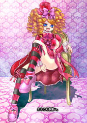 07th_expansion blonde_hair blue_eyes bow breasts drill_hair female female_only footwear frills gaap gem_(pixiv) hat high_heels kneehighs lolita_fashion mini_top_hat nail_polish nipple_slip nipples platform_footwear platform_heels ribbon ringlets shoes short_hair socks solo striped striped_kneehighs top_hat umineko_no_naku_koro_ni