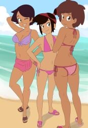 3girls amphibia anne_boonchuy arm_behind_head armpits ass beach big_breasts bikini black_hair breasts brown_eyes brown_hair cleavage crossover feet female female_only hand_on_hip hands_on_hips hi_res large_breasts legs looking_at_viewer looking_back luz_noceda model_pose molly_mcgee multiple_girls navel ocean one_eye_closed pose posing sarong sensual short_hair smile studiodraw the_ghost_and_molly_mcgee the_owl_house thighs water wink