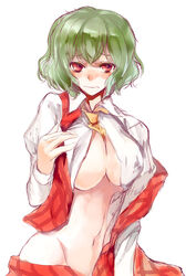 1girls ascot between_breasts blush breasts cleavage embarrassed erect_nipples female frown green_hair highres hips large_breasts looking_at_viewer midriff mound_of_venus navel necktie necktie_between_breasts no_bra no_panties nokishita nose_blush open_clothes open_shirt plaid plaid_skirt plaid_vest red_eyes shirt short_hair simple_background skirt skirt_pull skirt_set solo touhou undressing vest wavy_mouth white_background youkai yuka_kazami