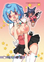 bb blue_hair blush breasts covering doki_doki_majo_shinpan large_breasts lowres nintendo_ds nipple nipples open_mouth purple_eyes seika_koron short_hair skirt thighhighs